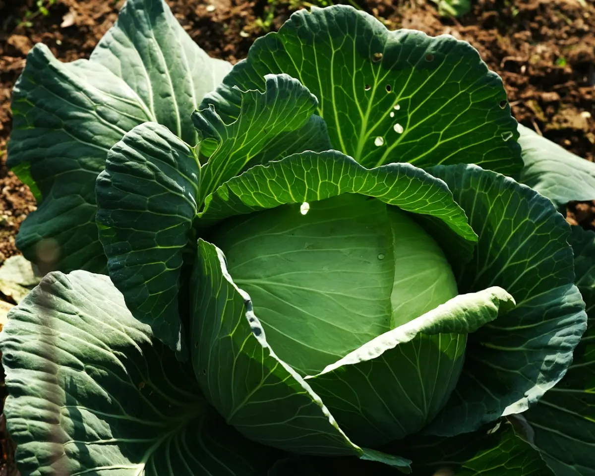 A large green cabbage growing in the soil