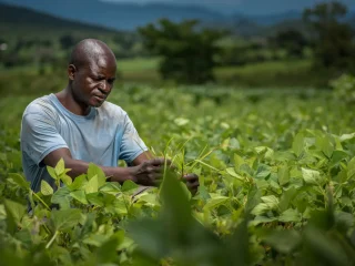 A farmer kneeling in a green field, closely inspecting the leaves of his crop