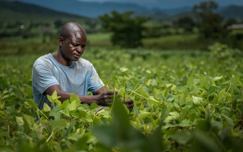 A farmer kneeling in a green field, closely inspecting the leaves of his crop