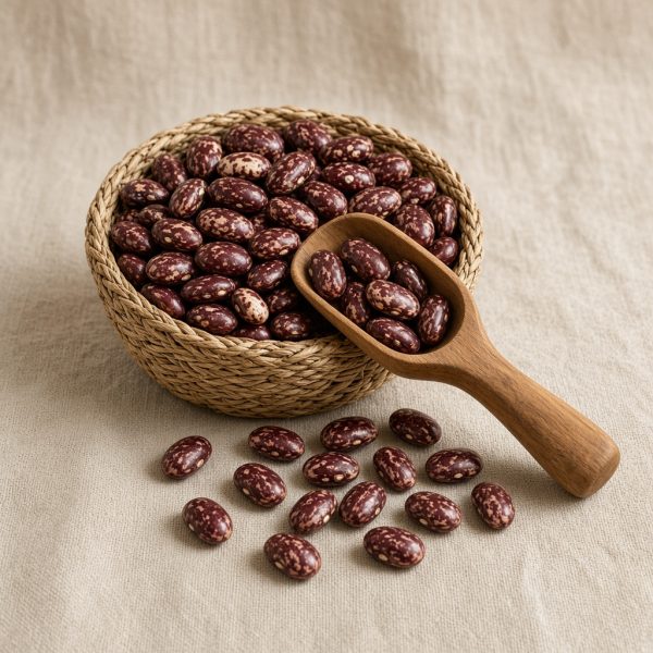 Illustrative image: red mottled bean seeds in a basket