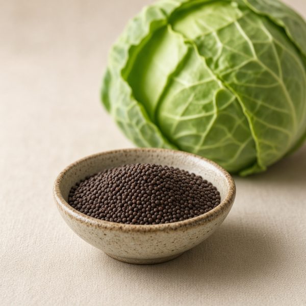 Illustrative image: cabbage seeds in a dish beside a cabbage head