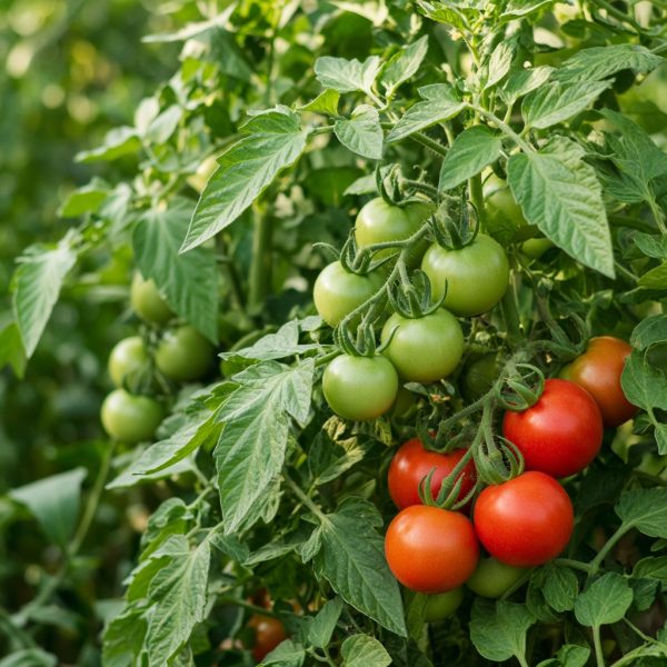 Illustrative image: healthy tomato plants with fruit
