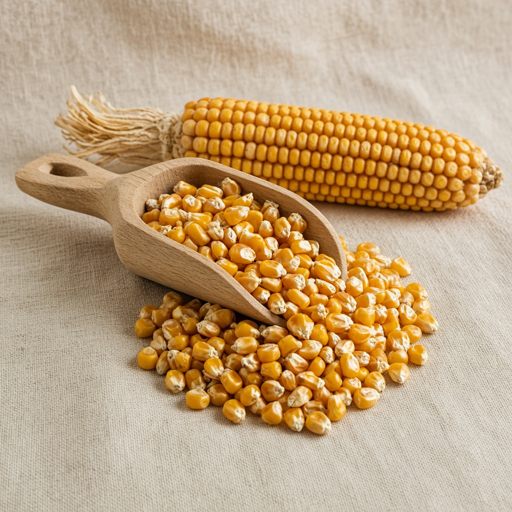 Illustrative image: maize seed kernels in a wooden scoop