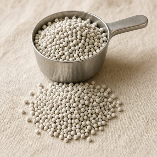 Illustrative image: granular fertilizer in a metal scoop