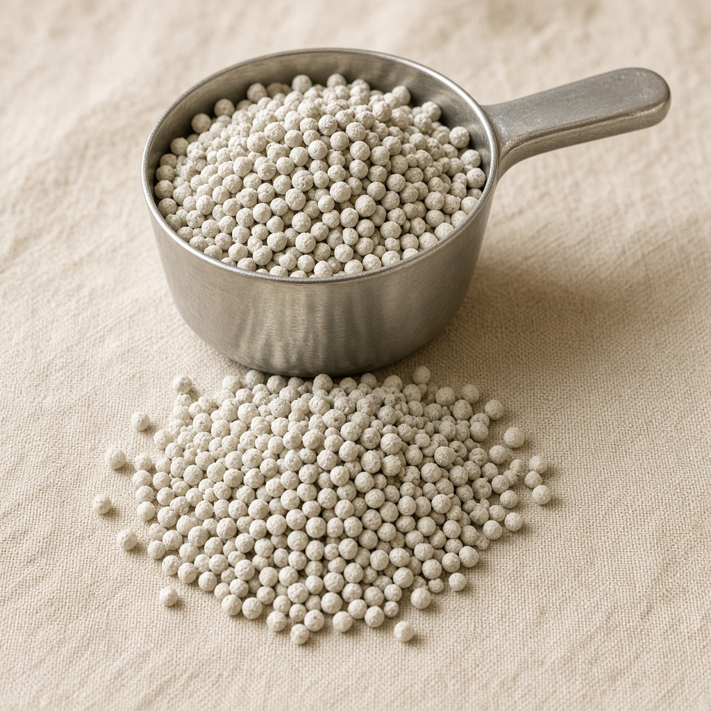 Illustrative image: granular fertilizer in a metal scoop
