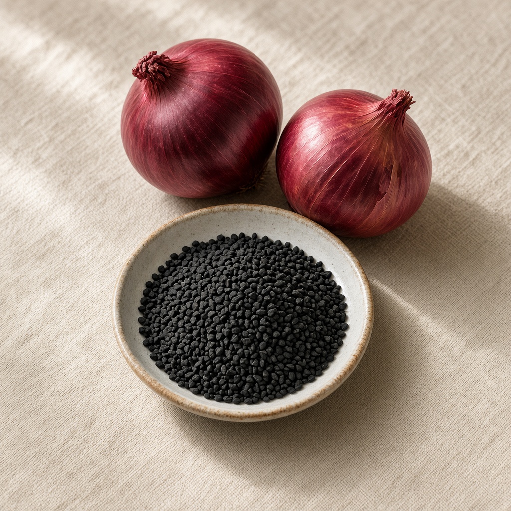 Illustrative image: onion seeds in a dish beside two red onions